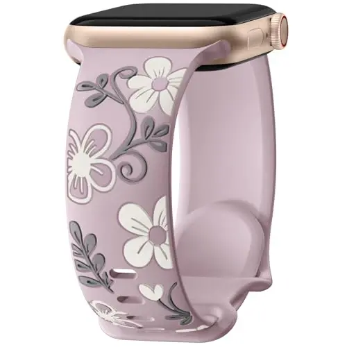 Witzon Floral Band Compatible with Apple Watch Bands For Women 40mm 41mm 38mm 42mm 44mm 45mm 46mm 49mm, Engraved Cute Flower Silicone Dressy Strap for iWatch Series 11 10 9 8 7 6 5 4 3 2 SE Ultra - 1