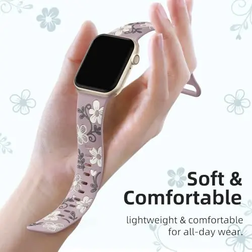 Witzon Floral Band Compatible with Apple Watch Bands For Women 40mm 41mm 38mm 42mm 44mm 45mm 46mm 49mm, Engraved Cute Flower Silicone Dressy Strap for iWatch Series 11 10 9 8 7 6 5 4 3 2 SE Ultra - 3