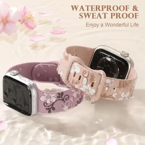 Witzon Floral Band Compatible with Apple Watch Bands For Women 40mm 41mm 38mm 42mm 44mm 45mm 46mm 49mm, Engraved Cute Flower Silicone Dressy Strap for iWatch Series 11 10 9 8 7 6 5 4 3 2 SE Ultra - 4