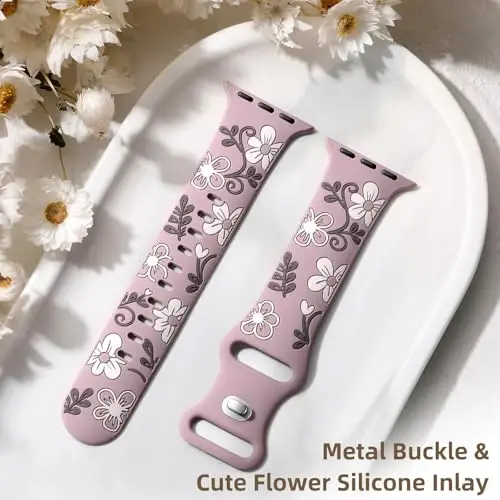 Witzon Floral Band Compatible with Apple Watch Bands For Women 40mm 41mm 38mm 42mm 44mm 45mm 46mm 49mm, Engraved Cute Flower Silicone Dressy Strap for iWatch Series 11 10 9 8 7 6 5 4 3 2 SE Ultra - 6