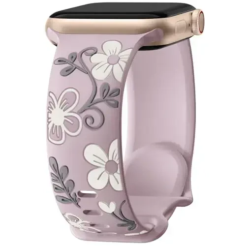 Witzon Floral Band Compatible with Apple Watch Bands For Women 40mm 41mm 38mm 42mm 44mm 45mm 46mm 49mm, Engraved Cute Flower Silicone Inlay Dressy Strap for iWatch Series 10 9 8 7 6 5 4 3 2 SE Ultra 