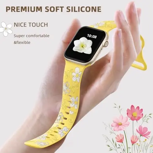 Witzon Floral Band Compatible with Apple Watch Bands For Women 40mm 41mm 38mm 42mm 44mm 45mm 46mm 49mm, Engraved Cute Flower Silicone Dressy Strap for iWatch Series 11 10 9 8 7 6 5 4 3 2 SE Ultra - 3