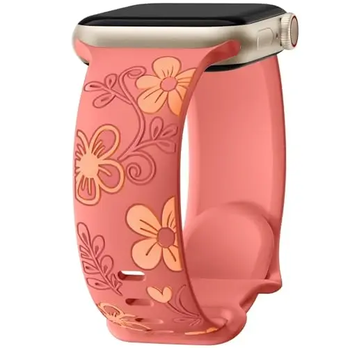 Witzon Floral Band Compatible with Apple Watch Bands For Women 40mm 41mm 38mm 42mm 44mm 45mm 46mm 49mm, Engraved Cute Flower Silicone Dressy Strap for iWatch Series 11 10 9 8 7 6 5 4 3 2 SE Ultra - WITZON