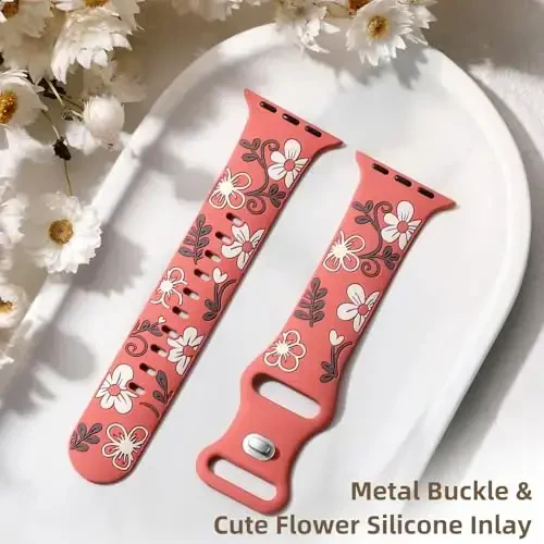 Witzon Floral Band Compatible with Apple Watch Bands For Women 40mm 41mm 38mm 42mm 44mm 45mm 46mm 49mm, Engraved Cute Flower Silicone Dressy Strap for iWatch Series 11 10 9 8 7 6 5 4 3 2 SE Ultra - 3