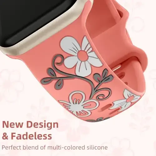 Witzon Floral Band Compatible with Apple Watch Bands For Women 40mm 41mm 38mm 42mm 44mm 45mm 46mm 49mm, Engraved Cute Flower Silicone Dressy Strap for iWatch Series 11 10 9 8 7 6 5 4 3 2 SE Ultra - 6