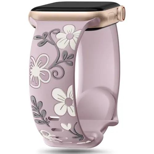 Witzon Floral Band Compatible with Apple Watch Bands For Women 40mm 41mm 38mm 42mm 44mm 45mm 46mm 49mm, Engraved Cute Flower Silicone Dressy Strap for iWatch Series 11 10 9 8 7 6 5 4 3 2 SE Ultra - 1