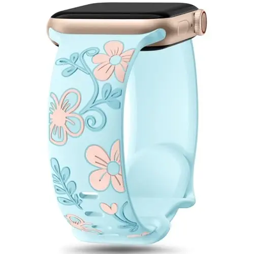 Witzon Floral Band Compatible with Apple Watch Bands For Women 40mm 41mm 38mm 42mm 44mm 45mm 46mm 49mm, Engraved Cute Flower Silicone Dressy Strap for iWatch Series 11 10 9 8 7 6 5 4 3 2 SE Ultra - 1