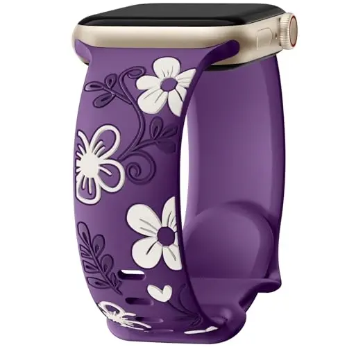 Witzon Floral Band Compatible with Apple Watch Bands For Women 40mm 41mm 38mm 42mm 44mm 45mm 46mm 49mm, Engraved Cute Flower Silicone Dressy Strap for iWatch Series 11 10 9 8 7 6 5 4 3 2 SE Ultra - 1