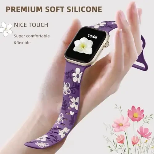 Witzon Floral Band Compatible with Apple Watch Bands For Women 40mm 41mm 38mm 42mm 44mm 45mm 46mm 49mm, Engraved Cute Flower Silicone Dressy Strap for iWatch Series 11 10 9 8 7 6 5 4 3 2 SE Ultra - 3