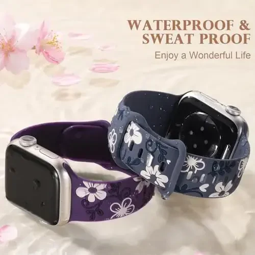 Witzon Floral Band Compatible with Apple Watch Bands For Women 40mm 41mm 38mm 42mm 44mm 45mm 46mm 49mm, Engraved Cute Flower Silicone Dressy Strap for iWatch Series 11 10 9 8 7 6 5 4 3 2 SE Ultra - 4