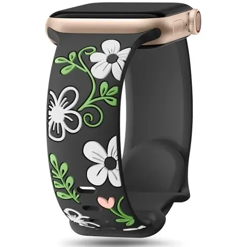 Witzon Floral Band Compatible with Apple Watch Bands For Women 40mm 41mm 38mm 42mm 44mm 45mm 46mm 49mm, Engraved Cute Flower Silicone Inlay Dressy Strap for iWatch Series 10 9 8 7 6 5 4 3 2 SE Ultra - 1