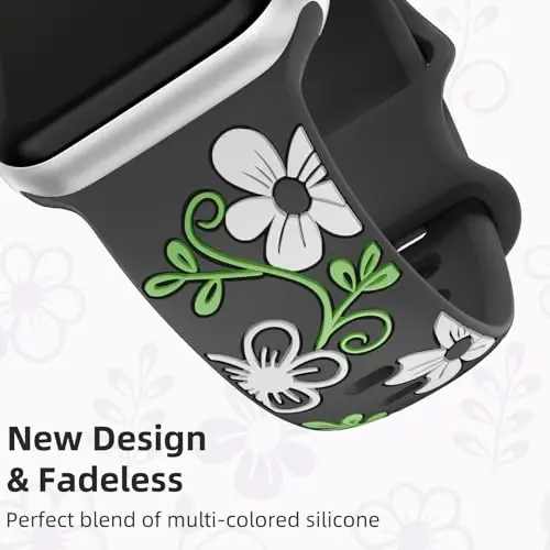 Witzon Floral Band Compatible with Apple Watch Bands For Women 40mm 41mm 38mm 42mm 44mm 45mm 46mm 49mm, Engraved Cute Flower Silicone Inlay Dressy Strap for iWatch Series 10 9 8 7 6 5 4 3 2 SE Ultra - 2