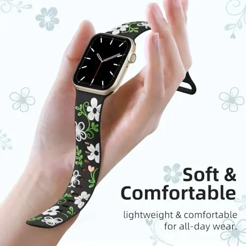 Witzon Floral Band Compatible with Apple Watch Bands For Women 40mm 41mm 38mm 42mm 44mm 45mm 46mm 49mm, Engraved Cute Flower Silicone Inlay Dressy Strap for iWatch Series 10 9 8 7 6 5 4 3 2 SE Ultra - 3