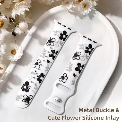 Witzon Floral Band Compatible with Apple Watch Bands For Women 40mm 41mm 38mm 42mm 44mm 45mm 46mm 49mm, Engraved Cute Flower Silicone Dressy Strap for iWatch Series 11 10 9 8 7 6 5 4 3 2 SE Ultra - 3