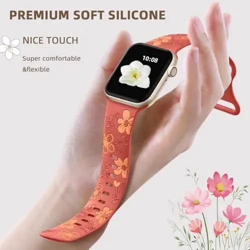 Witzon Floral Band Apple Watch Bands bilan mos ayollar uchun 40mm 41mm 38mm 42mm 44mm 45mm 46mm 49mm, iWatch Series 10 9 8 7 6 5 4 3 2 SE Ultra uchun o'yilgan chiroyli gul silikon qoplamali bezakli tasma - 3