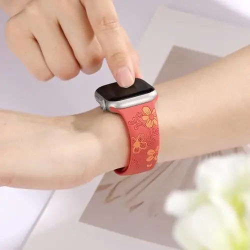 Witzon Floral Band Apple Watch Bands bilan mos ayollar uchun 40mm 41mm 38mm 42mm 44mm 45mm 46mm 49mm, iWatch Series 10 9 8 7 6 5 4 3 2 SE Ultra uchun o'yilgan chiroyli gul silikon qoplamali bezakli tasma - 6