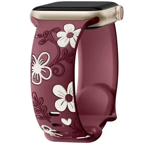 Witzon Floral Band Apple Watch Bands bilan mos ayollar uchun 40mm 41mm 38mm 42mm 44mm 45mm 46mm 49mm, iWatch Series 10 9 8 7 6 5 4 3 2 SE Ultra uchun o'yilgan yoqimli gul silikon qoplamali nafis tasma 