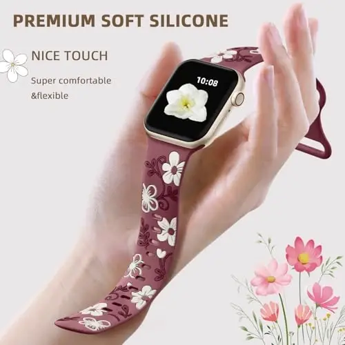 Witzon Floral Band Apple Watch Bands bilan mos ayollar uchun 40mm 41mm 38mm 42mm 44mm 45mm 46mm 49mm, iWatch Series 10 9 8 7 6 5 4 3 2 SE Ultra uchun o'yilgan yoqimli gul silikon qoplamali nafis tasma - 3
