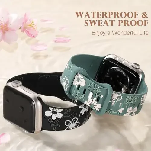 Witzon Floral Band Apple Watch Bands bilan mos keladi, Ayollar 40mm 41mm 38mm 42mm 44mm 45mm 46mm 49mm, iWatch Series 10 9 8 7 6 5 4 3 2 SE Ultra uchun o'yib yozilgan yoqimli gulli silikon qistiradigan chiroyli tasma - 3