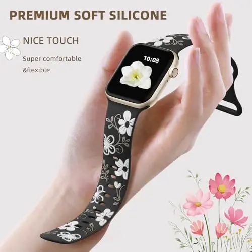 Witzon Floral Band Apple Watch Bands bilan mos keladi, Ayollar 40mm 41mm 38mm 42mm 44mm 45mm 46mm 49mm, iWatch Series 10 9 8 7 6 5 4 3 2 SE Ultra uchun o'yib yozilgan yoqimli gulli silikon qistiradigan chiroyli tasma - 4