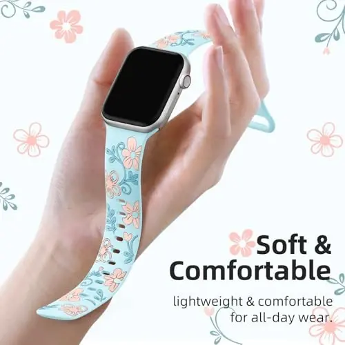 Witzon Floral Band Apple Watch Bands bilan mos keladi Ayollar uchun 40mm 41mm 38mm 42mm 44mm 45mm 46mm 49mm, iWatch Series 10 9 8 7 6 5 4 3 2 SE Ultra uchun o'yib yozilgan yoqimli gul silikon qoplamali nafis tasma - 3