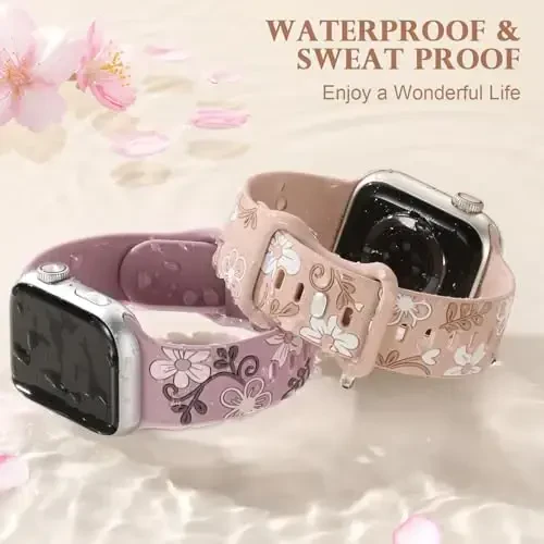 Witzon Floral Band Apple Watch Bands bilan mos keladi Ayollar uchun 40mm 41mm 38mm 42mm 44mm 45mm 46mm 49mm, iWatch Series 10 9 8 7 6 5 4 3 2 SE Ultra uchun o'yma gul silikon qoplama chiroyli tasma - 4