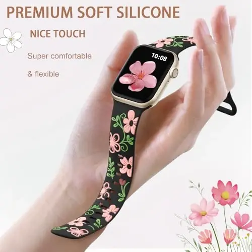 Witzon Floral Band Apple Watch Bands bilan mos keladi Ayollar uchun 40mm 41mm 38mm 42mm 44mm 45mm 46mm 49mm, iWatch Series 11 10 9 8 7 6 5 4 3 2 SE Ultra uchun o'yib ishlangan yoqimli gul silikon bilaguzuk - 3