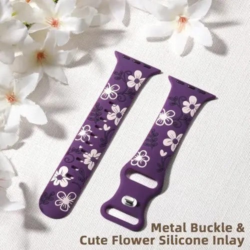 Witzon Floral Band Apple Watch Bands bilan mos keladi Ayollar uchun 40mm 41mm 38mm 42mm 44mm 45mm 46mm 49mm, iWatch Series 11 10 9 8 7 6 5 4 3 2 SE Ultra uchun o'yib yozilgan yoqimli gul silikon naqshli tasma - 5