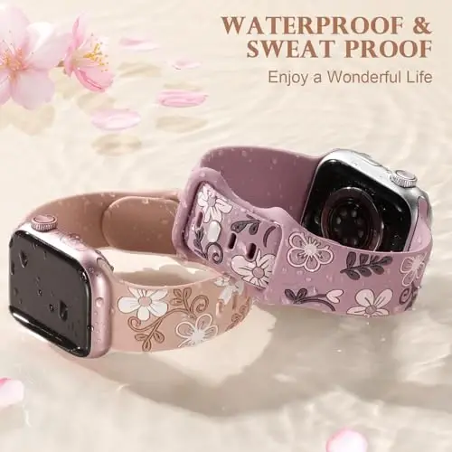 Witzon Floral Band Apple Watch Bands bilan mos keladi Ayollar uchun 40mm 41mm 38mm 42mm 44mm 45mm 46mm 49mm, iWatch Series 11 10 9 8 7 6 5 4 3 2 SE Ultra uchun o'yilgan yoqimli gul silikon bilaguzuk - 5