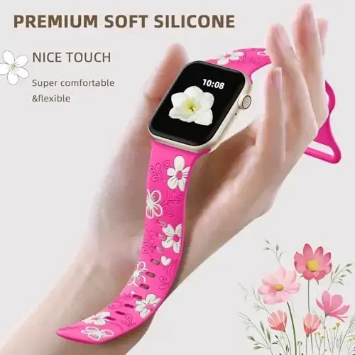 Witzon Floral Band Apple Watch Bands bilan mos keladi Ayollar uchun 40mm 41mm 38mm 42mm 44mm 45mm 46mm 49mm, iWatch Series uchun oʻyib yozilgan yoqimli gul silikon qoplamali bezakli tasma 10 9 8 7 6 5 4 3 2 SE Ultra - 3