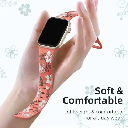 Witzon Floral Band Apple Watch Bands bilan mos keladi Ayollar uchun 40mm 41mm 38mm 42mm 44mm 45mm 46mm 49mm, iWatch Series uchun o'yilgan yoqimli gul silikon bezakli tasma 11 10 9 8 7 6 5 4 3 2 SE Ultra 