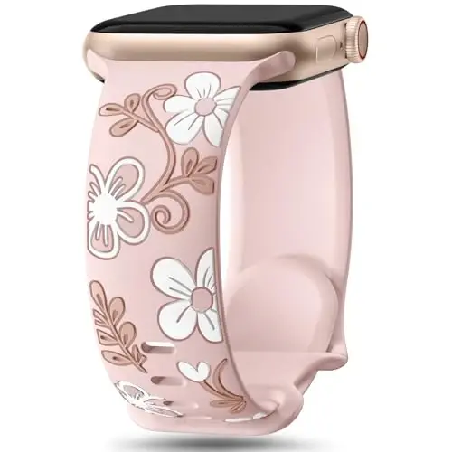 Witzon Floral Band Compatible with Apple Watch Bands For Women 40mm 41mm 38mm 42mm 44mm 45mm 46mm 49mm, Engraved Cute Flower Silicone Dressy Strap for iWatch Series 11 10 9 8 7 6 5 4 3 2 SE Ultra - 1