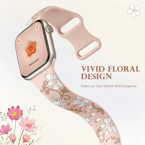 Witzon Floral Band Compatible with Apple Watch Bands For Women 40mm 41mm 38mm 42mm 44mm 45mm 46mm 49mm, Engraved Cute Flower Silicone Dressy Strap for iWatch Series 11 10 9 8 7 6 5 4 3 2 SE Ultra - 3