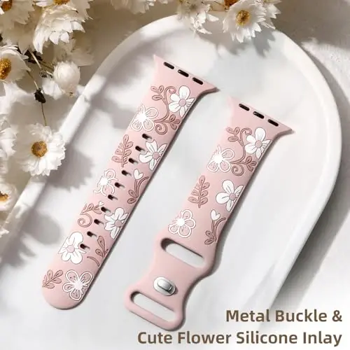Witzon Floral Band Compatible with Apple Watch Bands For Women 40mm 41mm 38mm 42mm 44mm 45mm 46mm 49mm, Engraved Cute Flower Silicone Dressy Strap for iWatch Series 11 10 9 8 7 6 5 4 3 2 SE Ultra - 6
