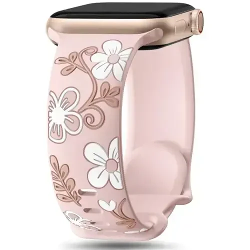 Witzon Floral Band Compatible with Apple Watch Bands For Women 40mm 41mm 38mm 42mm 44mm 45mm 46mm 49mm, Engraved Cute Flower Silicone Inlay Dressy Strap for iWatch Series 10 9 8 7 6 5 4 3 2 SE Ultra - WITZON
