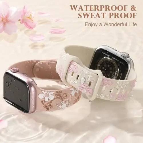 Witzon Floral Band Compatible with Apple Watch Bands For Women 40mm 41mm 38mm 42mm 44mm 45mm 46mm 49mm, Engraved Cute Flower Silicone Dressy Strap for iWatch Series 11 10 9 8 7 6 5 4 3 2 SE Ultra - 4
