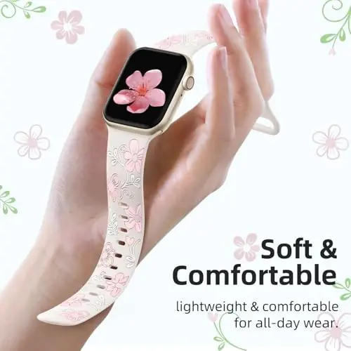Witzon Floral Band Compatible with Apple Watch Bands For Women 40mm 41mm 38mm 42mm 44mm 45mm 46mm 49mm, Engraved Cute Flower Silicone Inlay Dressy Strap for iWatch Series 10 9 8 7 6 5 4 3 2 SE Ultra - 3