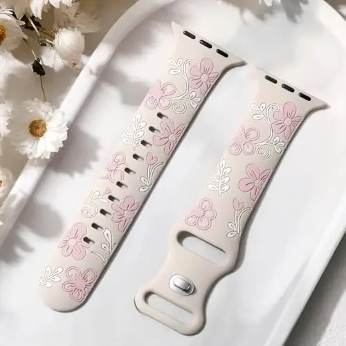 Witzon Floral Band Compatible with Apple Watch Bands For Women 40mm 41mm 38mm 42mm 44mm 45mm 46mm 49mm, Engraved Cute Flower Silicone Inlay Dressy Strap for iWatch Series 10 9 8 7 6 5 4 3 2 SE Ultra - 5