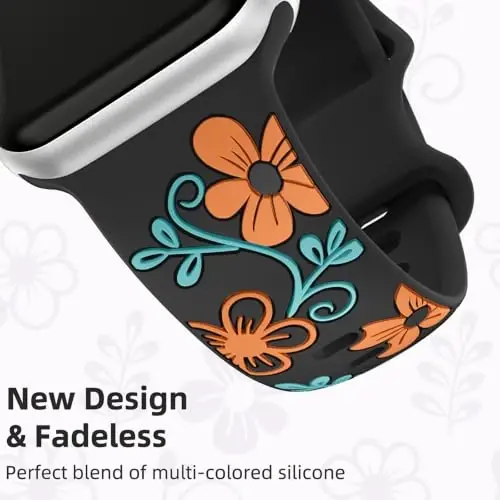 Witzon Floral Band Compatible with Apple Watch Bands For Women 40mm 41mm 38mm 42mm 44mm 45mm 46mm 49mm, Engraved Cute Flower Silicone Dressy Strap for iWatch Series 11 10 9 8 7 6 5 4 3 2 SE Ultra - 3
