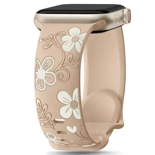 Witzon Floral Band Compatible with Apple Watch Bands For Women 40mm 41mm 38mm 42mm 44mm 45mm 46mm 49mm, Engraved Cute Flower Silicone Inlay Dressy Strap for iWatch Series 10 9 8 7 6 5 4 3 2 SE Ultra - WITZON