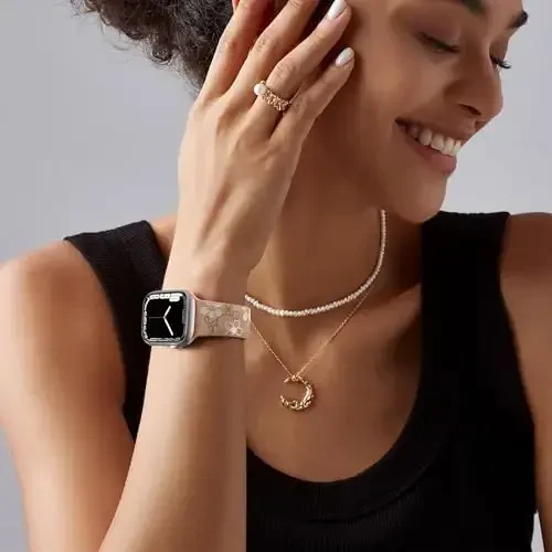Witzon Floral Band Compatible with Apple Watch Bands For Women 40mm 41mm 38mm 42mm 44mm 45mm 46mm 49mm, Engraved Cute Flower Silicone Inlay Dressy Strap for iWatch Series 10 9 8 7 6 5 4 3 2 SE Ultra - WITZON (1)
