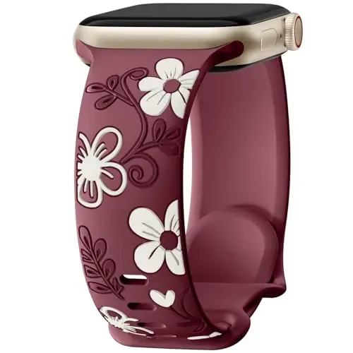 Witzon Floral Band Compatible with Apple Watch Bands For Women 40mm 41mm 38mm 42mm 44mm 45mm 46mm 49mm, Engraved Cute Flower Silicone Dressy Strap for iWatch Series 11 10 9 8 7 6 5 4 3 2 SE Ultra - WITZON