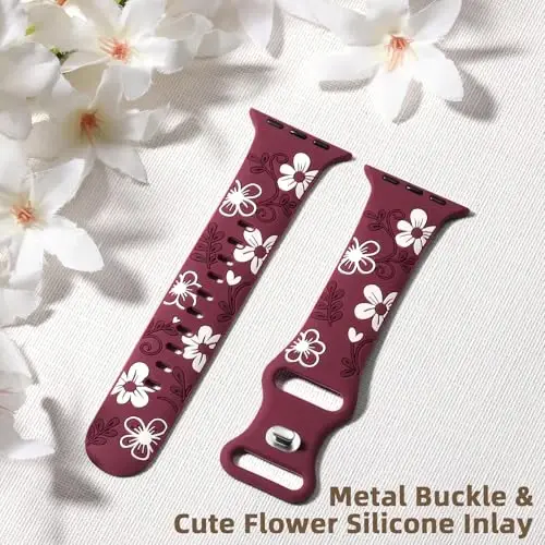Witzon Floral Band Compatible with Apple Watch Bands For Women 40mm 41mm 38mm 42mm 44mm 45mm 46mm 49mm, Engraved Cute Flower Silicone Dressy Strap for iWatch Series 11 10 9 8 7 6 5 4 3 2 SE Ultra - 6