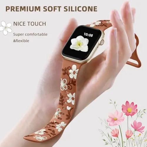 Witzon Floral Band Compatible with Apple Watch Bands For Women 40mm 41mm 38mm 42mm 44mm 45mm 46mm 49mm, Engraved Cute Flower Silicone Inlay Dressy Strap for iWatch Series 10 9 8 7 6 5 4 3 2 SE Ultra - 3