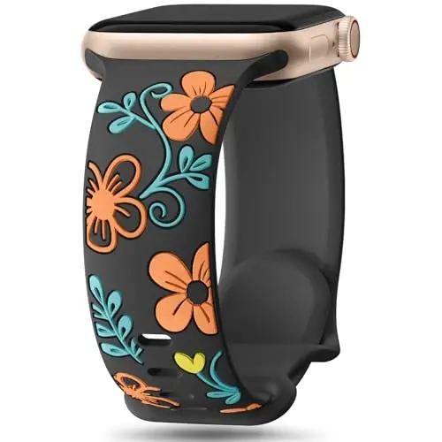 Witzon Floral Band Compatible with Apple Watch Bands For Women 40mm 41mm 38mm 42mm 44mm 45mm 46mm 49mm, Engraved Cute Flower Silicone Dressy Strap for iWatch Series 11 10 9 8 7 6 5 4 3 2 SE Ultra - 1