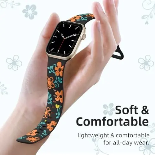 Witzon Floral Band Compatible with Apple Watch Bands For Women 40mm 41mm 38mm 42mm 44mm 45mm 46mm 49mm, Engraved Cute Flower Silicone Dressy Strap for iWatch Series 11 10 9 8 7 6 5 4 3 2 SE Ultra - 2