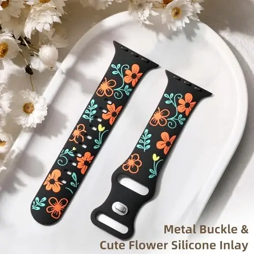 Witzon Floral Band Compatible with Apple Watch Bands For Women 40mm 41mm 38mm 42mm 44mm 45mm 46mm 49mm, Engraved Cute Flower Silicone Inlay Dressy Strap for iWatch Series 10 9 8 7 6 5 4 3 2 SE Ultra - 4