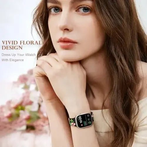 Witzon Floral Band Compatible with Apple Watch Bands For Women 40mm 41mm 38mm 42mm 44mm 45mm 46mm 49mm, Engraved Cute Flower Silicone Dressy Strap for iWatch Series 11 10 9 8 7 6 5 4 3 2 SE Ultra - 6