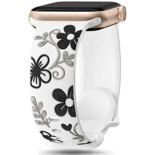 Witzon Floral Band Compatible with Apple Watch Bands For Women 40mm 41mm 38mm 42mm 44mm 45mm 46mm 49mm, Engraved Cute Flower Silicone Inlay Dressy Strap for iWatch Series 10 9 8 7 6 5 4 3 2 SE Ultra - 4