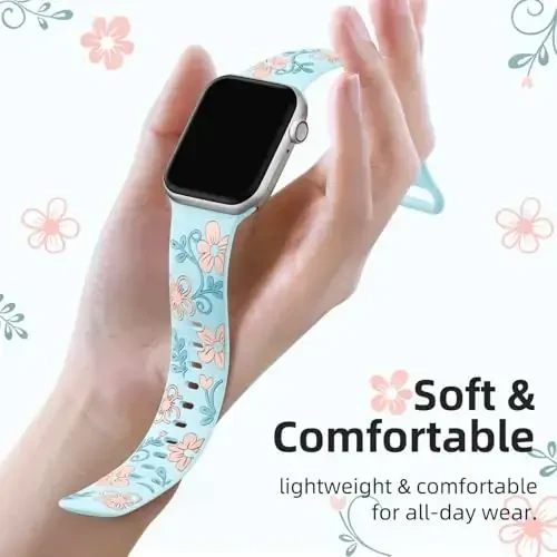 Witzon Floral Band Compatible with Apple Watch Bands For Women 40mm 41mm 38mm 42mm 44mm 45mm 46mm 49mm, Engraved Cute Flower Silicone Inlay Dressy Strap for iWatch Series 10 9 8 7 6 5 4 3 2 SE Ultra - 3